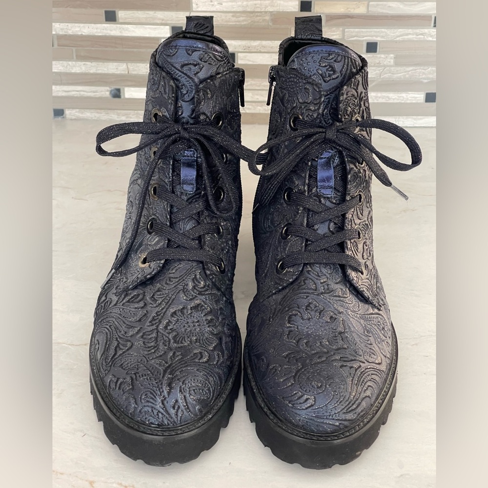 GABOR Blue/Black Raised Floral Patterned Women's Ankle Boots, Size 10 US/7.5 UK